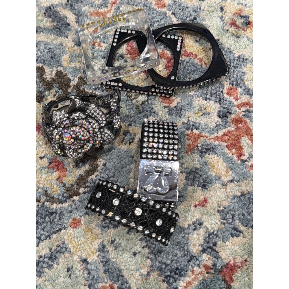 Bracelet Bundle Women 6 Pieces Black Silver Rhinestone Y2K Glam
